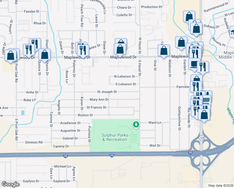 map of restaurants, bars, coffee shops, grocery stores, and more near 2711 Saint Joseph Street in Sulphur