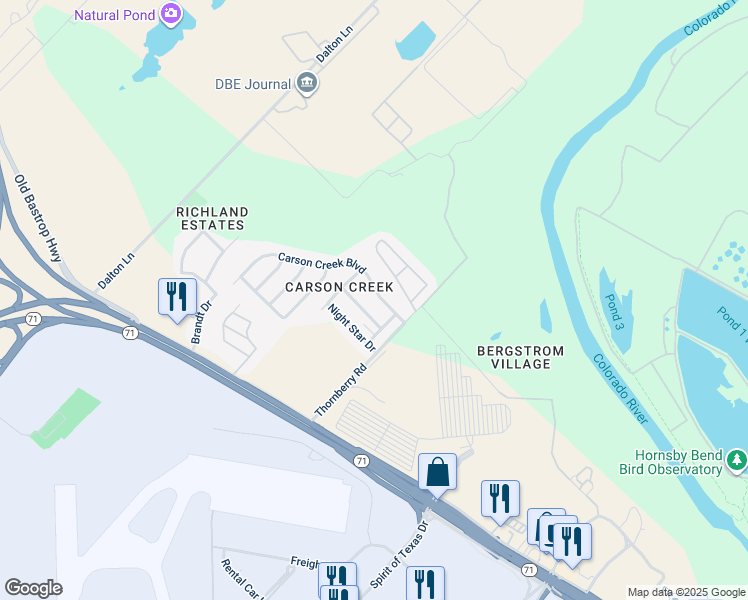 map of restaurants, bars, coffee shops, grocery stores, and more near 9607 Carson Creek Boulevard in Del Valle