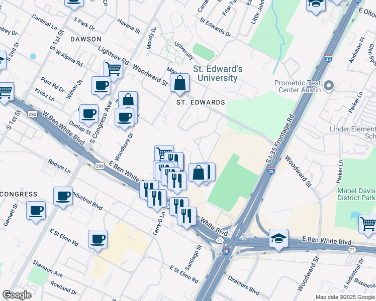 map of restaurants, bars, coffee shops, grocery stores, and more near 3700 Payload Pass in Austin