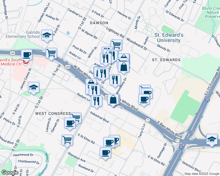map of restaurants, bars, coffee shops, grocery stores, and more near 3907 South Congress Avenue in Austin