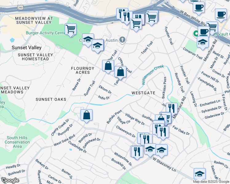 map of restaurants, bars, coffee shops, grocery stores, and more near 5207 Tahoe Trail in Austin