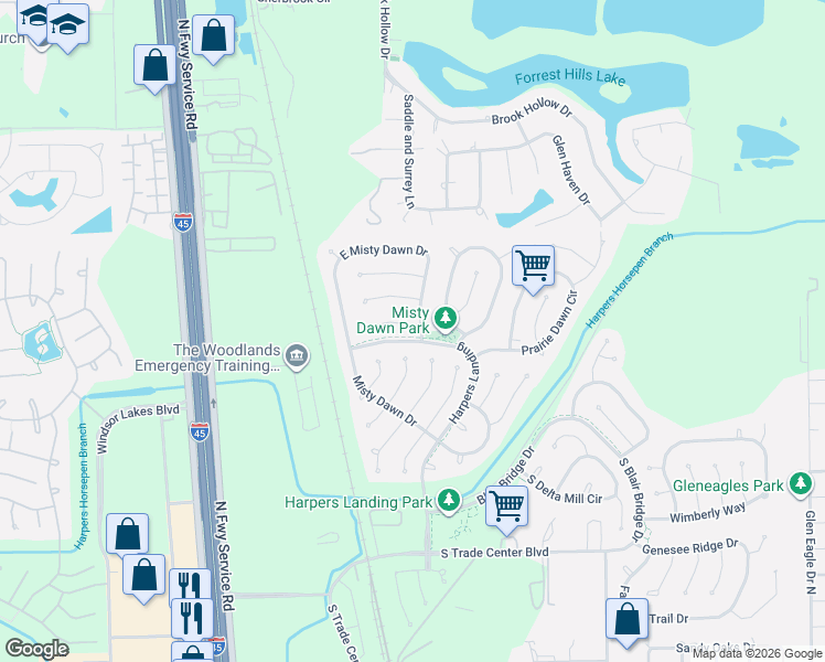 map of restaurants, bars, coffee shops, grocery stores, and more near 10 Steep Trail Place in Conroe