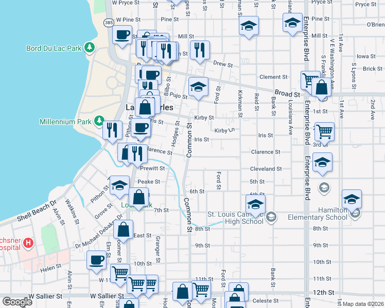 map of restaurants, bars, coffee shops, grocery stores, and more near 519 Clarence Street in Lake Charles