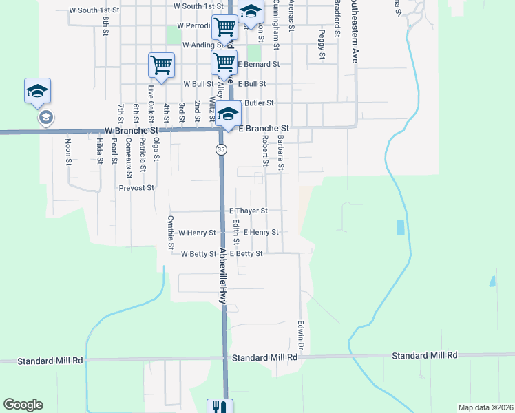 map of restaurants, bars, coffee shops, grocery stores, and more near 1227 Robert Street in Rayne