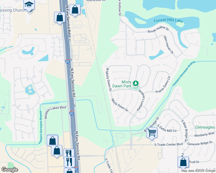 map of restaurants, bars, coffee shops, grocery stores, and more near 238 West Misty Dawn Drive in Conroe
