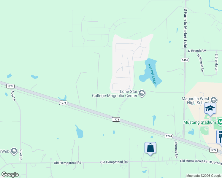 map of restaurants, bars, coffee shops, grocery stores, and more near 42520 Farm to Market 1774 in Magnolia