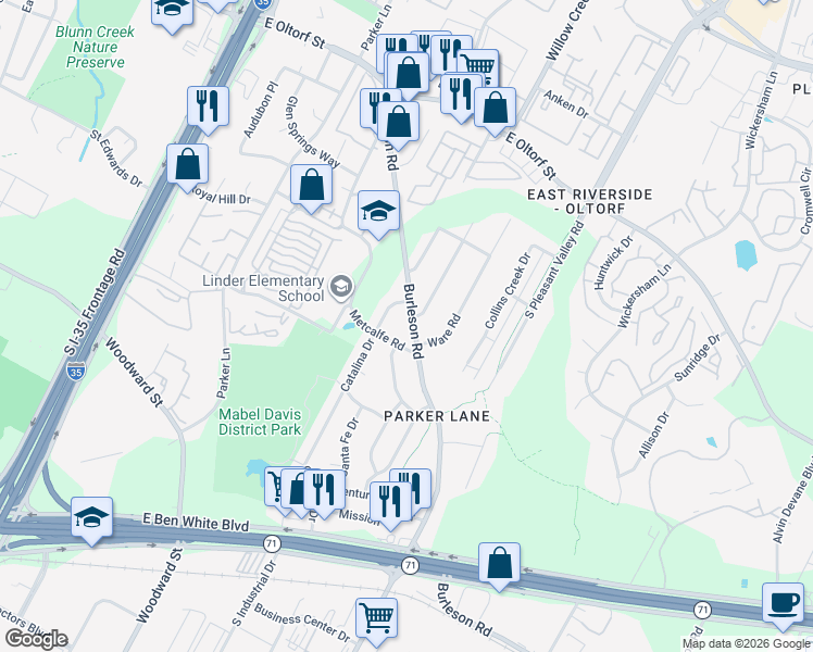 map of restaurants, bars, coffee shops, grocery stores, and more near 2901 Catalina Drive in Austin