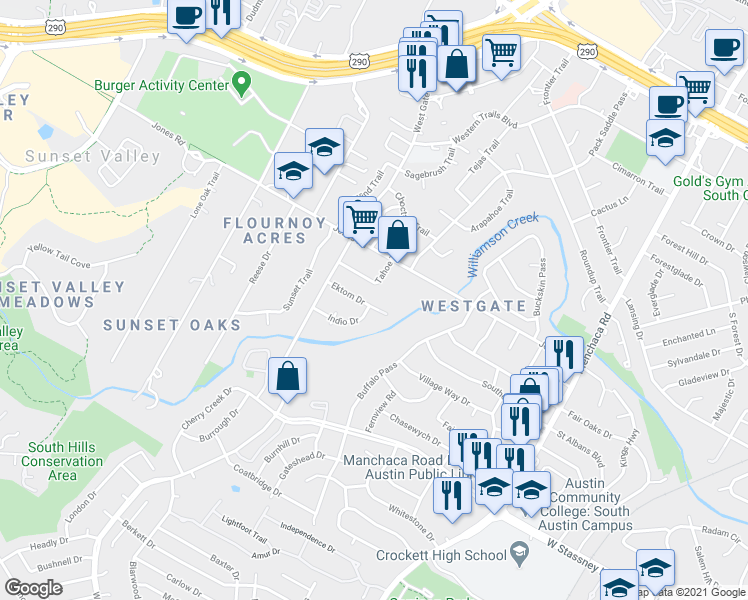 map of restaurants, bars, coffee shops, grocery stores, and more near 5207 Tahoe Trail in Austin