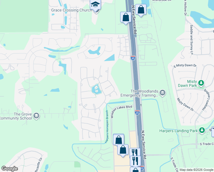 map of restaurants, bars, coffee shops, grocery stores, and more near 35 Arcadia Way in Conroe