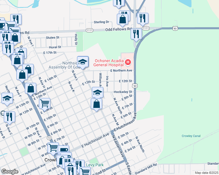 map of restaurants, bars, coffee shops, grocery stores, and more near 1125 Iris Avenue in Crowley