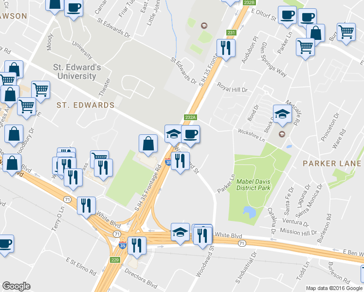 map of restaurants, bars, coffee shops, grocery stores, and more near North I H 35 in Austin
