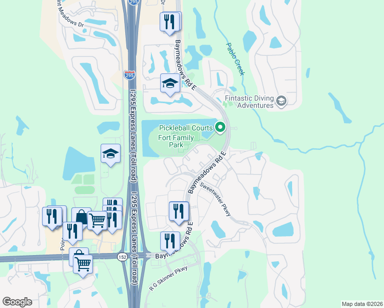 map of restaurants, bars, coffee shops, grocery stores, and more near 8091 Summer Cove Court in Jacksonville