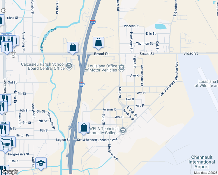 map of restaurants, bars, coffee shops, grocery stores, and more near 800 Ave J in Lake Charles