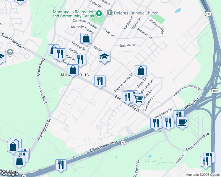 map of restaurants, bars, coffee shops, grocery stores, and more near 6900 Idea Road in Austin
