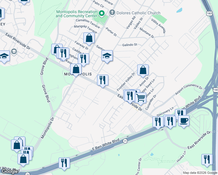 map of restaurants, bars, coffee shops, grocery stores, and more near 6814 East Riverside Drive in Austin