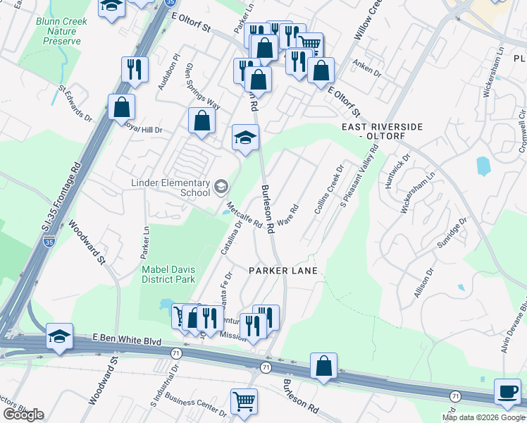 map of restaurants, bars, coffee shops, grocery stores, and more near 2901 Catalina Drive in Austin