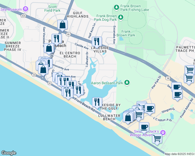 map of restaurants, bars, coffee shops, grocery stores, and more near 16234 East Lullwater Drive in Panama City Beach