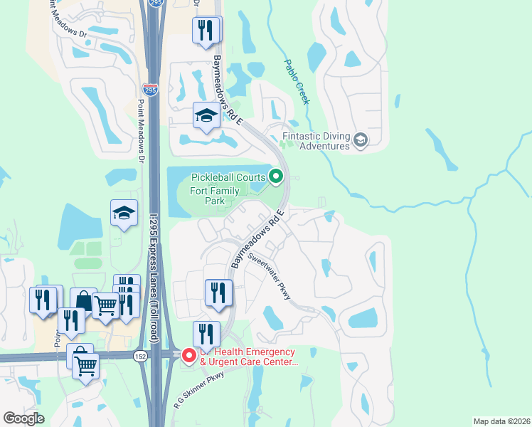 map of restaurants, bars, coffee shops, grocery stores, and more near 8123 Summer Gate Court in Jacksonville
