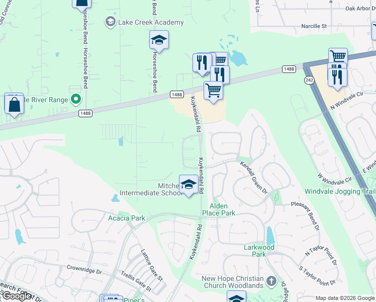 map of restaurants, bars, coffee shops, grocery stores, and more near 26 Butterfly Branch Place in Spring