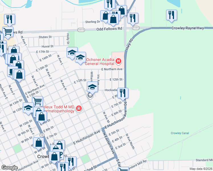 map of restaurants, bars, coffee shops, grocery stores, and more near 1118 Crawford Avenue in Crowley