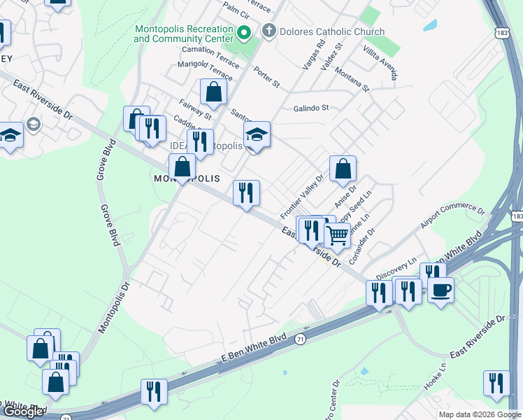 map of restaurants, bars, coffee shops, grocery stores, and more near 6814 East Riverside Drive in Austin