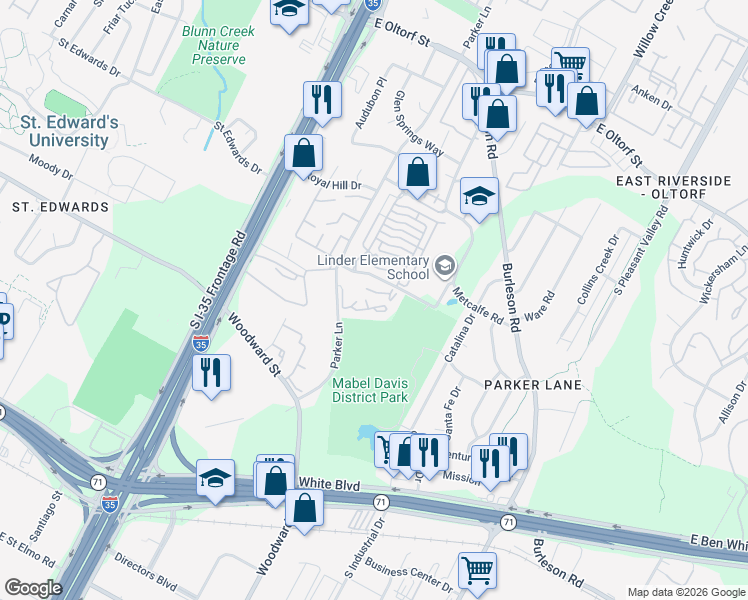 map of restaurants, bars, coffee shops, grocery stores, and more near 3111 Parker Lane in Austin