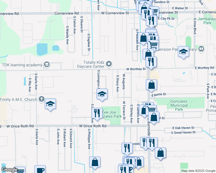 map of restaurants, bars, coffee shops, grocery stores, and more near 1211 South Hempshire Avenue in Gonzales
