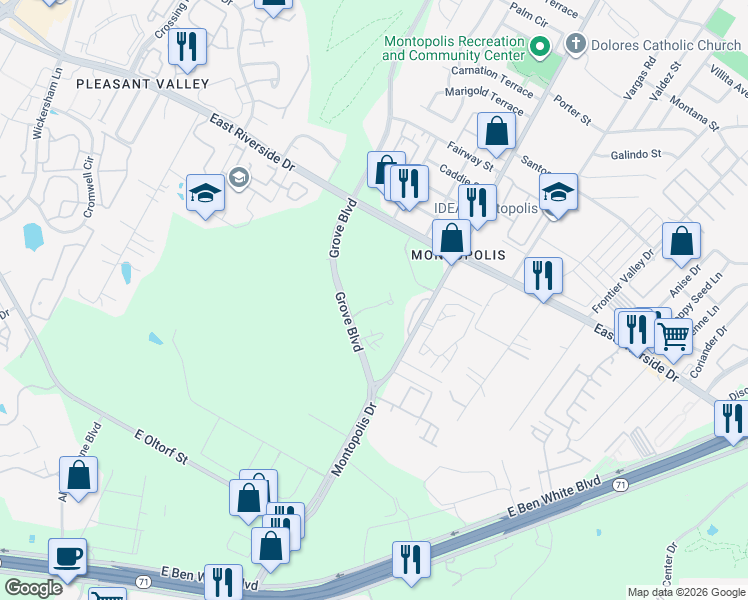 map of restaurants, bars, coffee shops, grocery stores, and more near 2301 Grove Boulevard in Austin