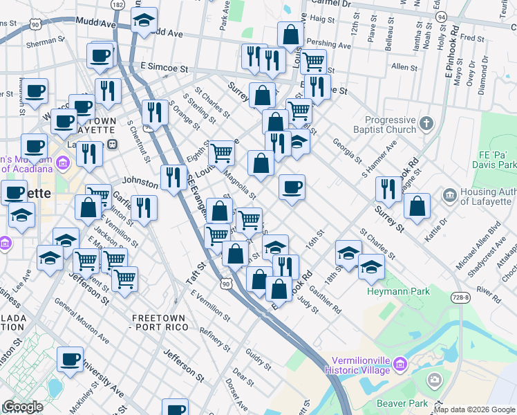 map of restaurants, bars, coffee shops, grocery stores, and more near 422 12th Street in Lafayette