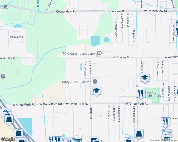 map of restaurants, bars, coffee shops, grocery stores, and more near 1209 South Darla Avenue in Gonzales