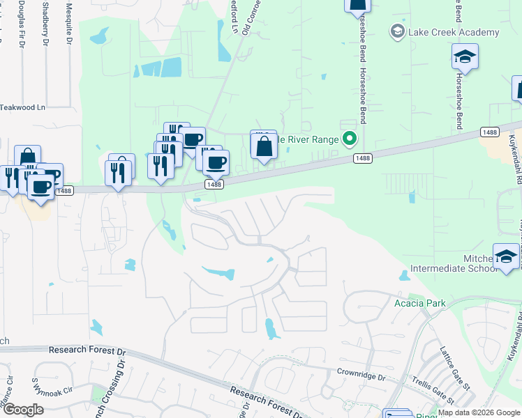 map of restaurants, bars, coffee shops, grocery stores, and more near 240 Palomino Court in Spring