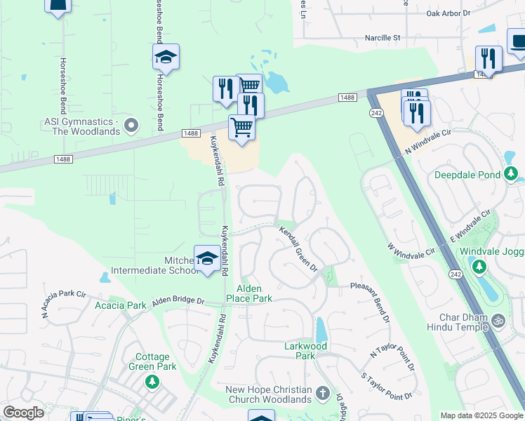 map of restaurants, bars, coffee shops, grocery stores, and more near 171 South Holly Laurel Circle in Spring