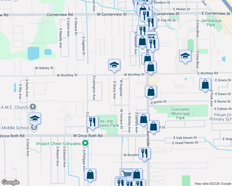 map of restaurants, bars, coffee shops, grocery stores, and more near 1207 South Stacy Avenue in Gonzales
