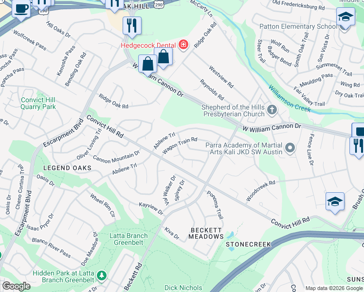 map of restaurants, bars, coffee shops, grocery stores, and more near 5611 Wagon Train Road in Austin