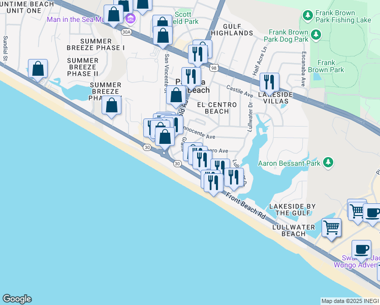 map of restaurants, bars, coffee shops, grocery stores, and more near 605 Granada Circle in Panama City Beach