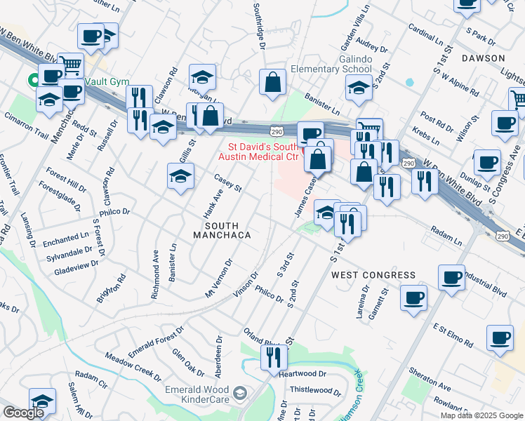 map of restaurants, bars, coffee shops, grocery stores, and more near 904 Saint Elmo Circle in Austin