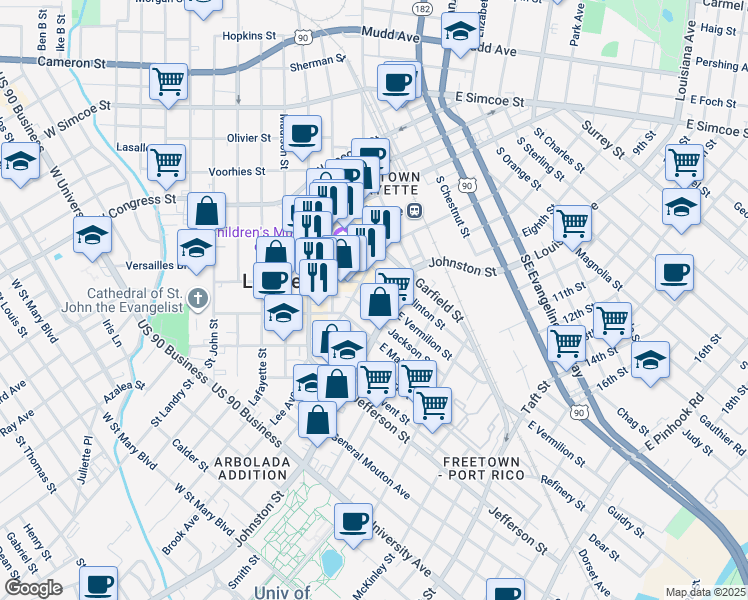 map of restaurants, bars, coffee shops, grocery stores, and more near in Lafayette