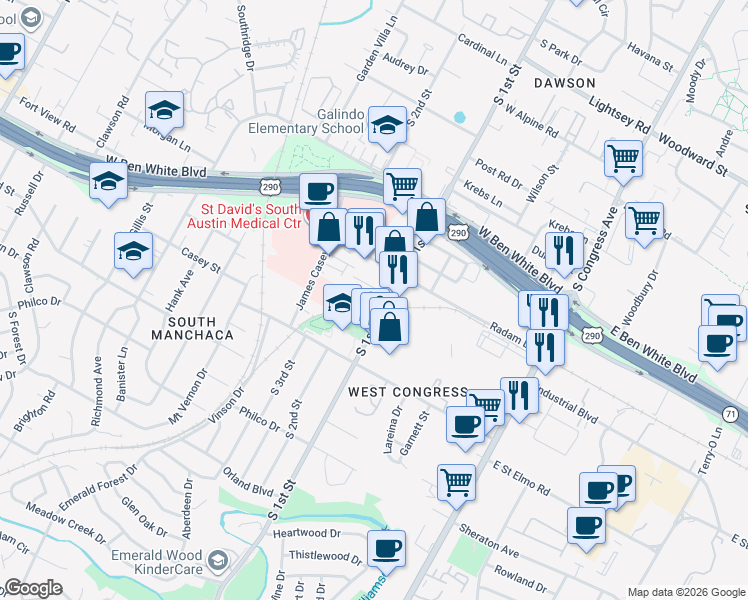 map of restaurants, bars, coffee shops, grocery stores, and more near in Austin