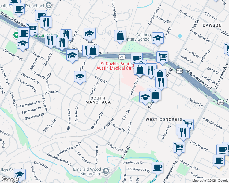 map of restaurants, bars, coffee shops, grocery stores, and more near 904 Saint Elmo Circle in Austin