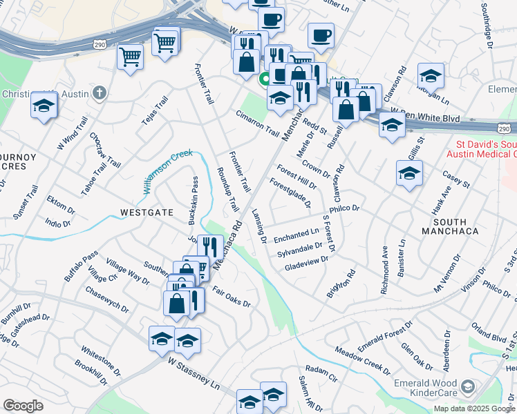 map of restaurants, bars, coffee shops, grocery stores, and more near 4804 Menchaca Road in Austin