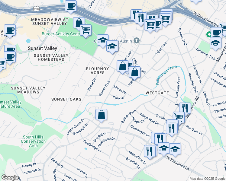 map of restaurants, bars, coffee shops, grocery stores, and more near 2617 Ektom Drive in Austin