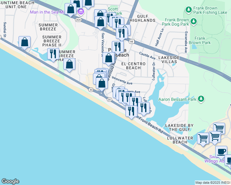 map of restaurants, bars, coffee shops, grocery stores, and more near 601 Granada Circle in Panama City Beach
