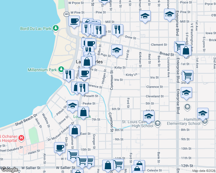 map of restaurants, bars, coffee shops, grocery stores, and more near 519 Clarence St in Lake Charles