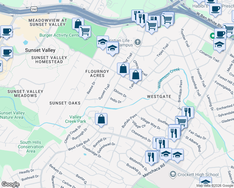map of restaurants, bars, coffee shops, grocery stores, and more near 2617 Ektom Drive in Austin