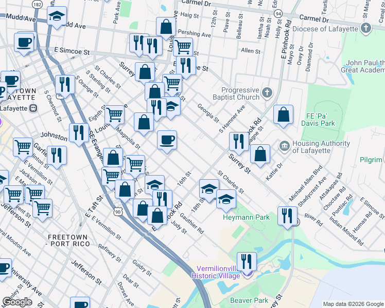 map of restaurants, bars, coffee shops, grocery stores, and more near 900 Saint Charles Street in Lafayette