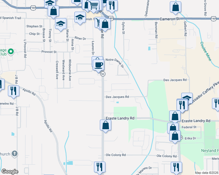 map of restaurants, bars, coffee shops, grocery stores, and more near 725 Westgate Road in Lafayette