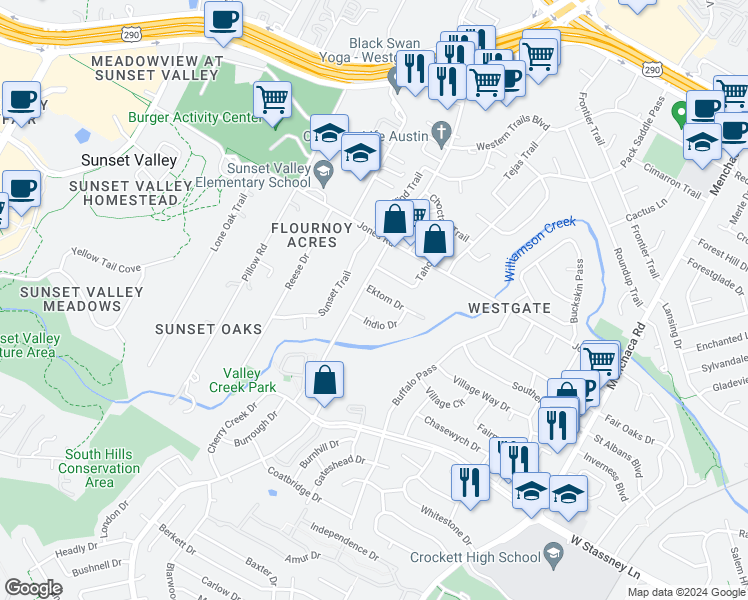 map of restaurants, bars, coffee shops, grocery stores, and more near 2617 Ektom Drive in Austin