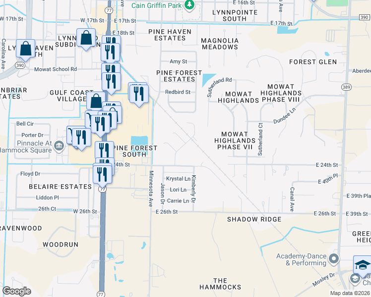 map of restaurants, bars, coffee shops, grocery stores, and more near 517 Timbers Crossing in Lynn Haven