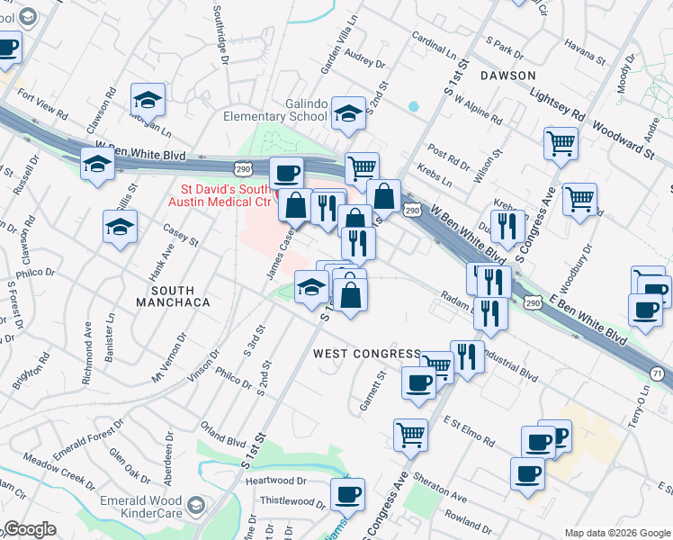 map of restaurants, bars, coffee shops, grocery stores, and more near in Austin