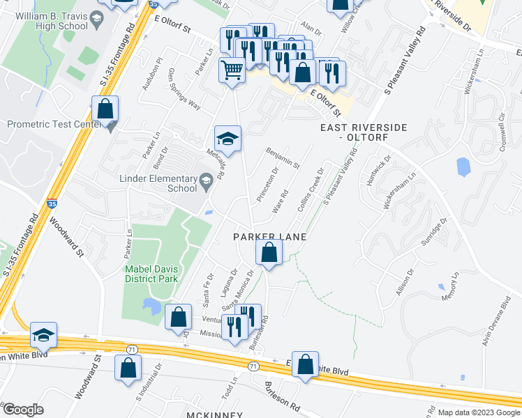 map of restaurants, bars, coffee shops, grocery stores, and more near 2709 Princeton Drive in Austin